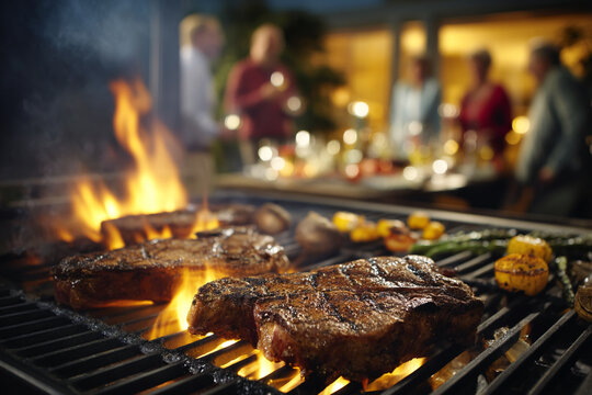 Grilled steaks on barbecue grill, flames visible, blurred background shows people enjoying outdoor party, suggesting summer gathering and delicious food