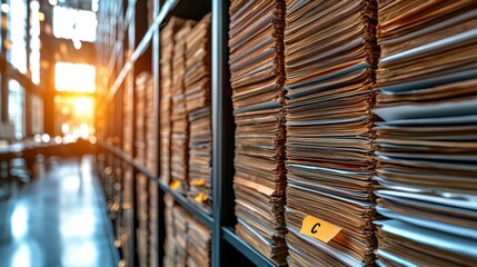 Stacked paper files in a modern archive with sunlight streaming through windows