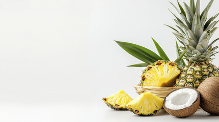 Fresh pineapples and coconuts arranged in bamboo basket, showcasing vibrant colors and tropical elements