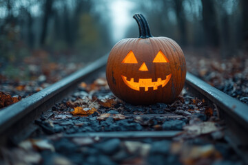Pumpkin placed on train track at sunset, creating a surreal and mysterious scene with striking contrast of colors and textures.