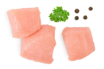 Raw diced chicken fillet isolated on white background. Top view. Flat lay