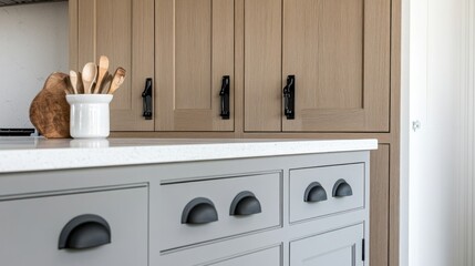 Close-up of a light gray kitchen island with wooden cabinets.