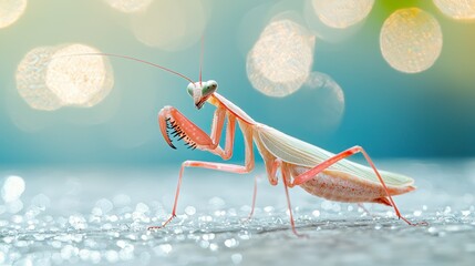 Pink Praying Mantis on Surface, Bokeh Background