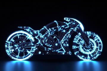 A futuristic motorcycle design illuminated with glowing blue lines against a dark background, showcasing intricate details and innovative technology.