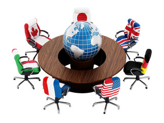G7 country flags on office chairs on transparent background