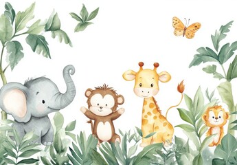 Naklejka premium Cute watercolor illustration of jungle animals including elephant, giraffe, bear, and monkey surrounded by leaves and butterflies. 