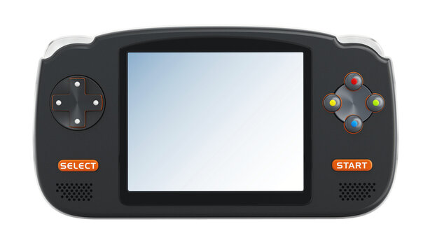Retro handheld video game device on transparent background