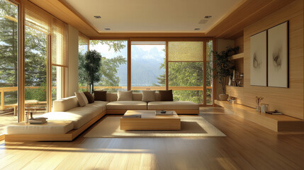 Fototapeta premium Modern Minimalist Living Room with Wooden Furnishings and Mountain View