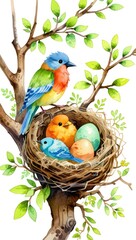 A colorful bird sits in its nature-made nest with eggs on a tree branch, a beautiful sight of wild avian life