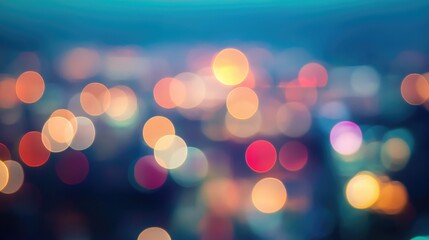 Fototapeta premium Night blurred bokeh light city office building, abstract background. Vibrant bokeh lights creating a dreamy city atmosphere. Colorful defocused lights of city skyline at night.