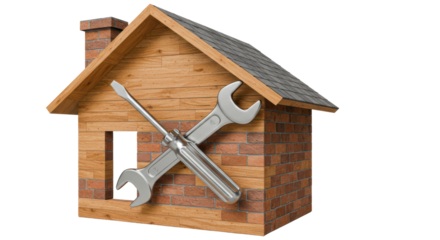 Isolated Wooden House Model Under Renovation with Wrench and Screwdriver