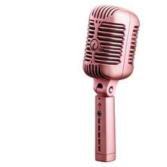 A vintage-style microphone with a sleek design in rose gold color, set against a soft pink background, symbolizing music and performance.