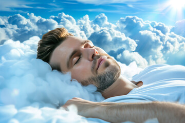 A man sleeping peacefully amidst fluffy clouds under a bright sky, evoking a sense of tranquility and serene dreamscape. He appears relaxed and at ease