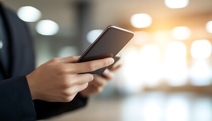 Closeup of Man's Hands Holding Two Smartphones in Modern Office Setting