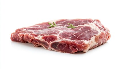 Raw pork chop with marbling and herbs on a white background.