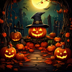 Halloween Pumpkin Patch: A spooky and enchanting scene unfolds under a full moon, where a collection of jack-o'-lanterns with mischievous grins light up a cobblestone path in a forest.