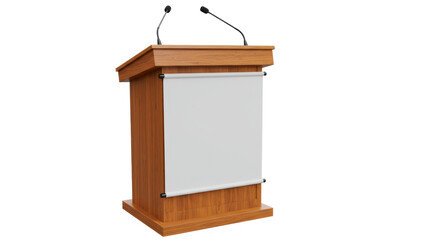 Isolated Wooden Podium with Blank White Banner