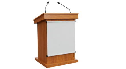 Isolated Wooden Podium with Blank White Banner