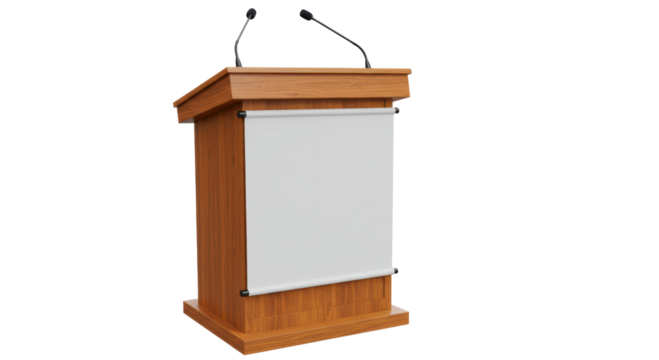 Isolated Wooden Podium with Blank White Banner