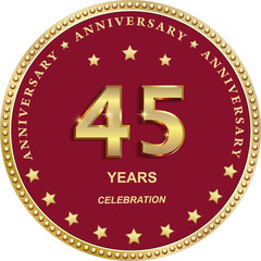 45 years anniversary vector golden design on red background with stars in round frame for celebration, congratulation and greeting card, banner, logo, icon