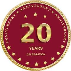 20 years anniversary vector golden design on red background with stars in round frame for celebration, congratulation and greeting card, banner, logo, icon