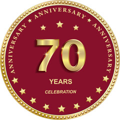 70 years anniversary vector golden design on red background with stars in round frame for celebration, congratulation and greeting card, banner, logo, icon