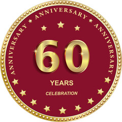 60 years anniversary vector golden design on red background with stars in round frame for celebration, congratulation and greeting card, banner, logo, icon