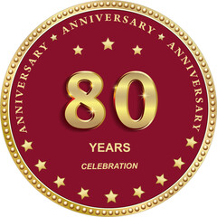 80 years anniversary vector golden design on red background with stars in round frame for celebration, congratulation and greeting card, banner, logo, icon