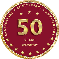 50 years anniversary vector golden design on red background with stars in round frame for celebration, congratulation and greeting card, banner, logo, icon