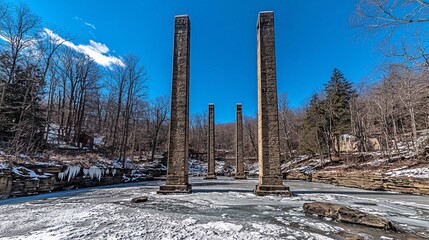 bridge piers rising from a frozen river, textured ice visible between supports, under a cloudless deep blue sky, snow lightly dusted across the scene bridge piers, frozen surface, textured ice, 