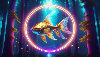 Digital Abstract Illustration with Tech Fish and Blue Glow