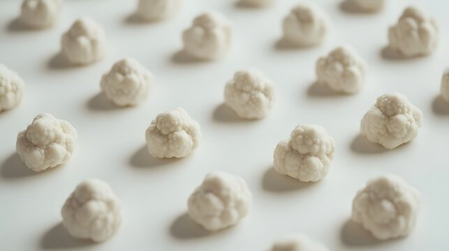 Fototapeta Numerous small cauliflower florets arranged in neat rows on a clean white background. Soft lighting creates gentle shadows, emphasizing their texture and shape.  A minimalist food photography style.