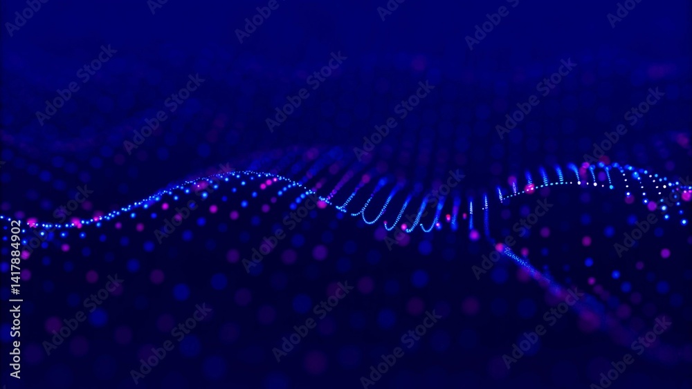 Aufkleber Wave of musical sounds. Abstract background with interweaving of dots and lines. 3D rendering. Futuristic visualization of sound waves and data flow in digital space for music or tech concepts