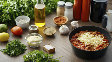 Delicious ingredients for savory dish, including herbs, spices, and cheese. Perfect for cooking enthusiasts