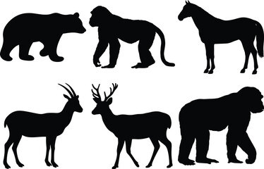 Collection of Animal Silhouettes Bear Horse Deer Gorilla Monkey Wildlife Graphics Design