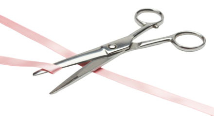 Isolated Scissors Cutting Pink Ribbon Celebration Concept
