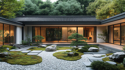 A modern Chinese-style courtyard with white walls and stone tiles on the floor, large windows with floor-to-ceiling glass frames, green space, trees, surrounding stones,