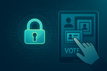 Biometric smartphone voting verification concept padlock icon tap securing electronic ballot identity authentication encryption technology, protecting election integrity, trustworthy digital democracy