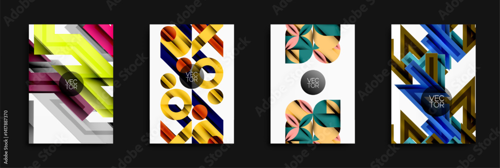 Poster abstract geometric designs. bright colors, layered shapes, dynamic compositions. modern vector illus