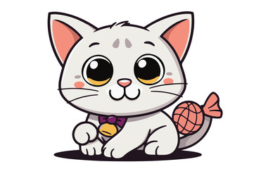 This vector features a kawaii-style white cat with a playful face, a collar, and a little bell. The cute aesthetic makes it ideal for use in greeting cards, stickers, games, and learning resources.
