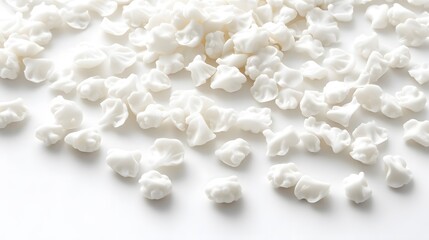 A scattering of small, white, irregularly shaped objects resembling popcorn or candy on a white background.  The image has a clean, minimalist aesthetic.