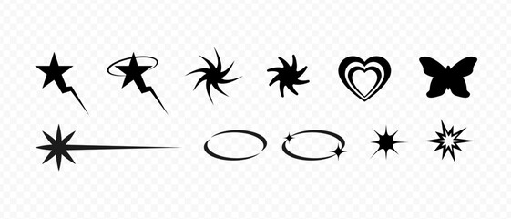High quality futuristic elements. Y2k silhouette elements. Different geometric shapes. Prints 90-s. Butterfly, stars, explode