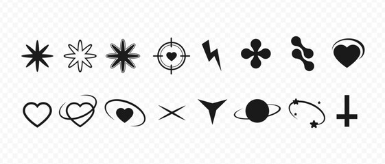 High quality futuristic elements. Y2k silhouette elements. Different geometric shapes. Prints 90-s. Cross,  hearts, thunderbolt, planet, cross.