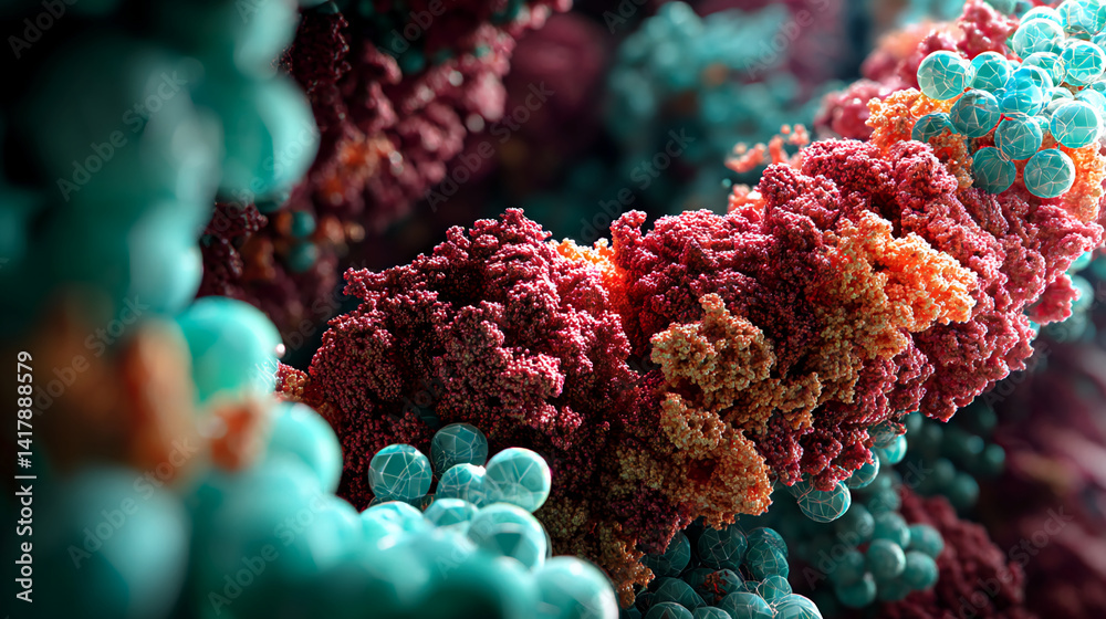 Aufkleber close-up of a textured, three-dimensional structure with teal and reddish-brown components, suggesti