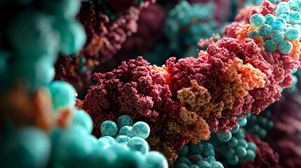 Close-up of a textured, three-dimensional structure with teal and reddish-brown components, suggesting a scientific or molecular concept, ideal for scientific publications or educational materials