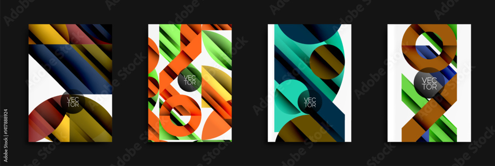 Aufkleber Abstract geometric designs. Bright colors, overlapping shapes create dynamic compositions. Modern vector illustrations for backgrounds.