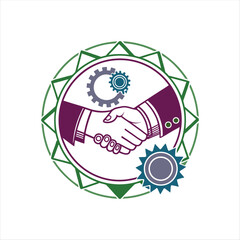 Sustainable Business Partnership Concept – Handshake, Gear, and Leaf Symbol Icon