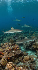 Obraz premium Observing Sharks Swimming Over a Colorful Coral Reef in Clear Ocean Water