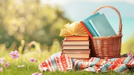 Obraz premium A collection of books in a woven basket resting on a lush green grass surface under clear blue sky