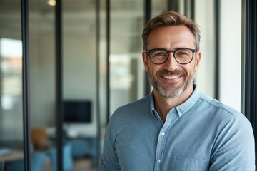 Man with glasses smiles in office setting with glass wall background.